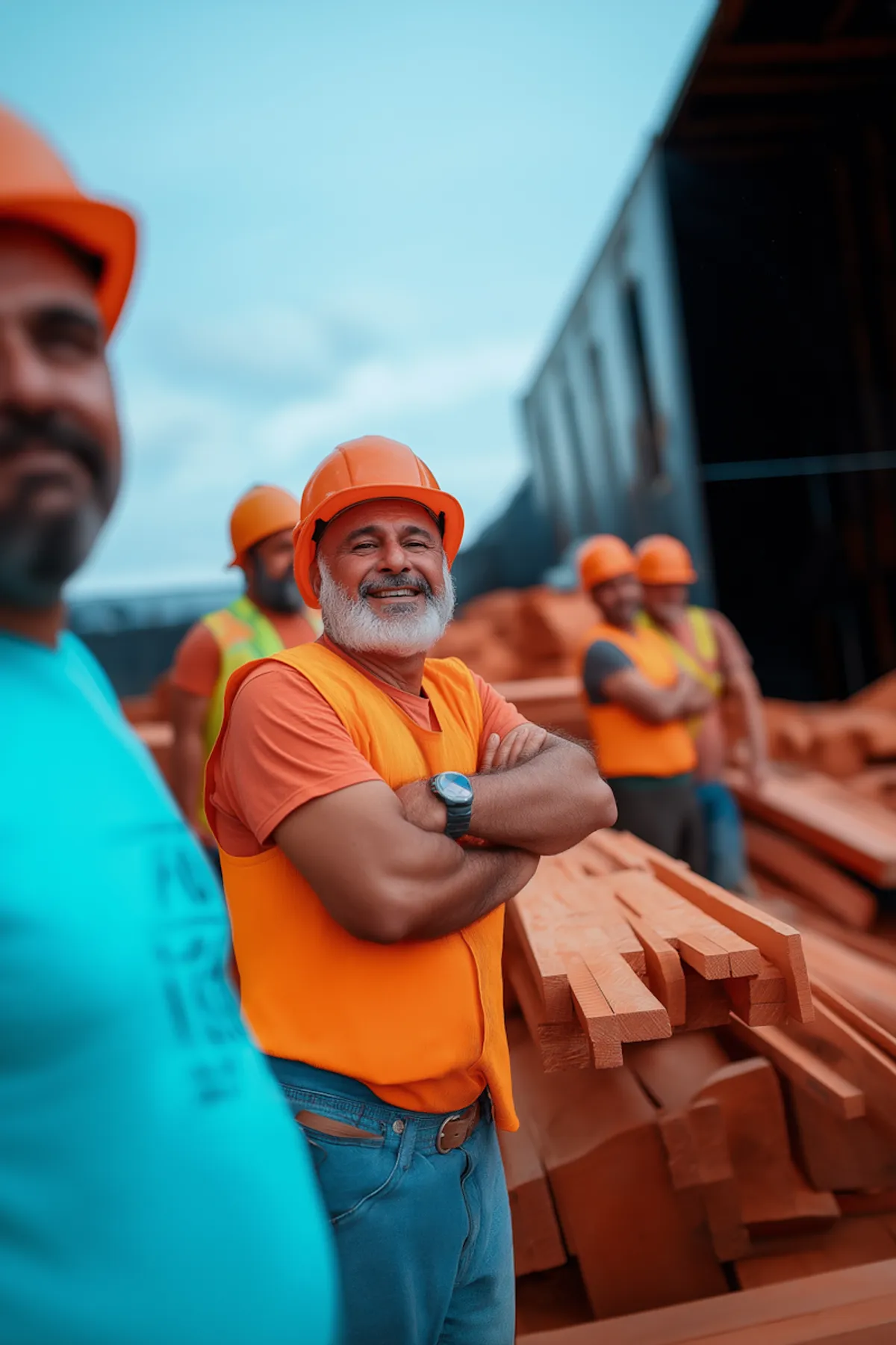 Architect and builder reviewing drawings together.